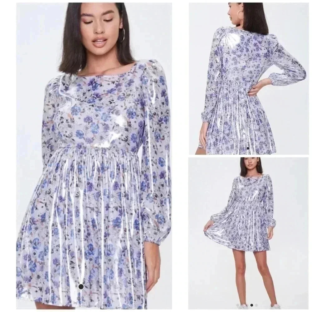 Forever 21 Retro Floral Lavender Metallic Boho Y2K Babydoll Dress Size S